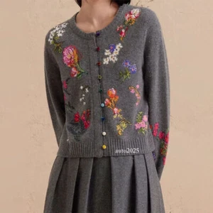 Frühling Herbst Wolle Damen Kurz Mantel Cardigan Pullover Blumen Strick Slim Fit - Bild 1 von 24