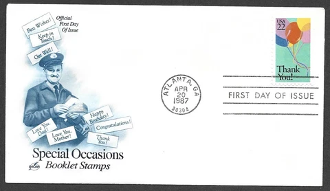 1987 SPECIAL OCCASIONS THANK YOU BOOKLET STAMP FIRST DAY OF ISSUE ATLANTA GA Cover