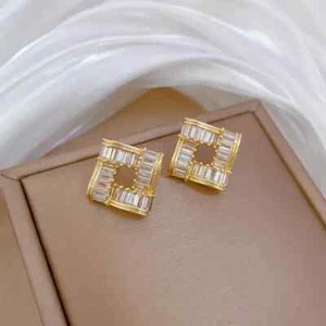 Titanium Steel Copper Gold Plated Rhombus Zircon Earrings - Picture 1 of 2