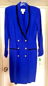 Vintage 90s NWT Blue & Black Double Breasted Tuxedo Coat Wrap Knee Dress 10 USA - Picture 1 of 9