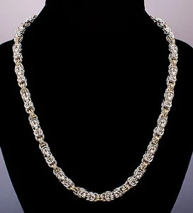 Byzantine Chain Maille Necklace Artisan Crafted Sterling Silver & 14K Gold-Fill - Picture 1 of 3