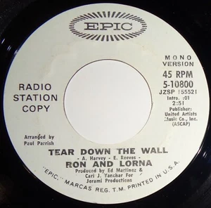 Ron & Lorna 45 RPM - Tear Down The Wall stereo / Mono VG++ E17 - Picture 1 of 2