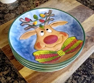 CONJUNTO de (4) Platos de Postre Aplicación Reno Nariz Roja Arte Arcilla Rudolf Luces de Navidad - Imagen 1 de 3