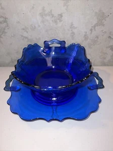 Vtg SET Cobalt Glass L E Smith "Mount Pleasant" Double Shield Bowl & Dish RARE - Picture 1 of 11
