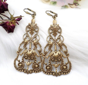 Victorian Reproduction Jewelry, Tudor Large Brass Filigree Statement Earrings,