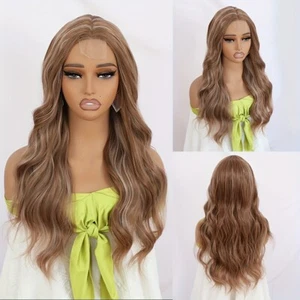 Ombre Brown Blonde Highlights Mixed Color Synthetic Wigs Middle Part Pre Plucked - Picture 1 of 8