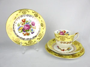⭐ Vintage English Bone China Trio Tea Cup Saucer (Side Plate x2) - Yellow & Gold - Picture 1 of 16