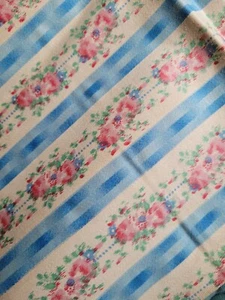 Vintage Blue Ticking Pillowcase Rows Of Watered Pink Roses - Picture 1 of 4