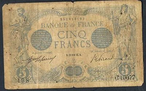 FRANCE BANKNOTE 5 P70 1916 AQUARIUS 02 VG - p/h - Picture 1 of 2