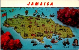 Jamaika Westindien Karte Wahrzeichen historische Figuren Schiffe Flagge Vintage Postkarte - Bild 1 von 2