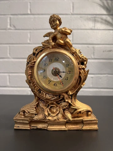 Vintage French Style Cherubs Pottery Mantel Clock Yellow Gold Cover