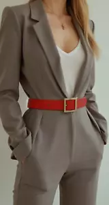 Women True Real Red Basket Weave Faux Leather Belt Gold Metal Square Buckle S M - Picture 1 of 24