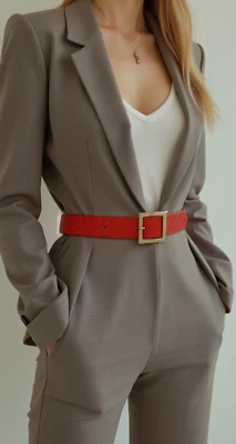 Women True Real Red Basket Weave Faux Leather Belt Gold Metal Square Buckle S M - Image 1 of 4