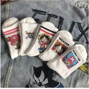 5Pair Anime One Piece Socks Cartoon Luffy Chopper Student Cotton White Long Shor - Picture 1 of 1