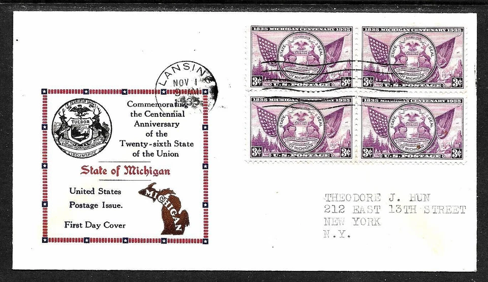 775 3c Stamp (1935) THE MICHIGAN 100 FDC - EAGLE COVER SERVICE - PLANTY 775-12a - Image 1 of 1