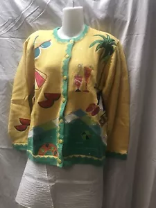 Quacker Factory Cardigan Button Front Size Small Yellow Pool Side with drinks - Picture 1 of 12