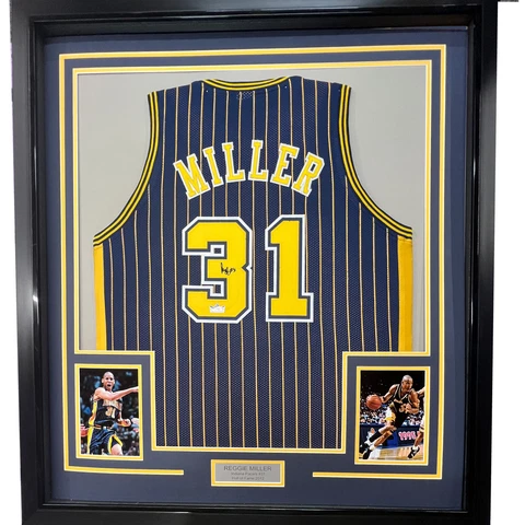 Framed Facsimile Autographed Reggie Miller 33x42 Blue Reprint Laser Auto Jersey Cover