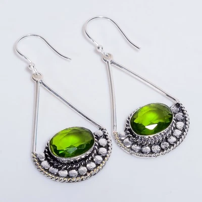 Peridot Gemstone Vintage Handmade 925 Sterling Silver Earrings 2.2" m006 - Image 1 of 4