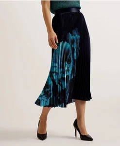 Ted Baker Pleated Midi Skirt Womens TB 2 UK 10 Izmir Black Navy Floral Satin NEW - Picture 1 of 24