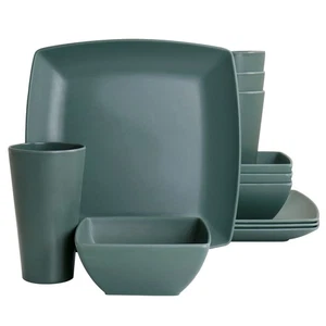 Gibson Home Grayson Melamine 12 Piece Square Dinnerware Set in Green - Picture 1 of 8