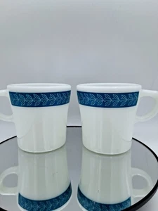 Pyrex Tableware Blue Laurel Milk Glass Coffee Cups Mugs Set of 2 Corning USA - Picture 1 of 9