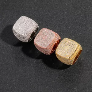 Hip Hop Square Ring Copper 18K Real Gold Plated Thumb Finger Ring Full 5A Zircon - Picture 1 of 16
