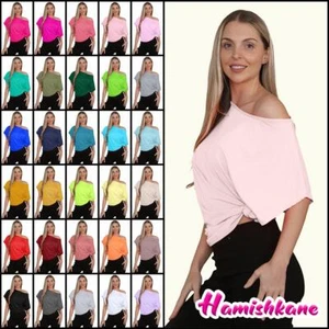 Womens Oversized T Shirt Top Short Sleeve Tie Knot Bardot Off Shoulder Crop Top - Picture 1 of 65