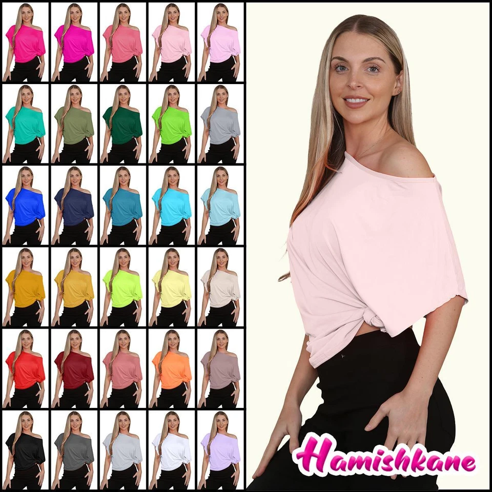 Womens Oversized T Shirt Top Short Sleeve Tie Knot Bardot Off Shoulder Crop Top - Image 1 of 1