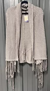Silver Jeans Beige Knit Cardigan XL Sweater Fringe Vest Lagenlook Cottagecore - Picture 1 of 13