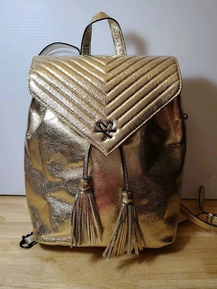 Victoria’s Secret Angel V-quilt Backpack Crackle Gold Metallic Chain Tassels - Image 1 of 4