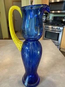 MCM Murano Empoli Italian Blue Yellow Mottled Art Glass Gourd Pitcher Vase - Picture 1 of 12