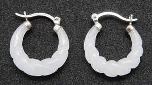 Sterling silver & white jade vintage Art Deco antique hoop earrings - Picture 1 of 7