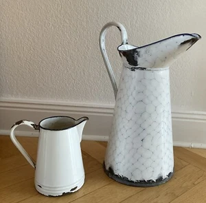 x 2 Vintage Antique French Enamelware Pitchers Pulled White Enamel France - Picture 1 of 8