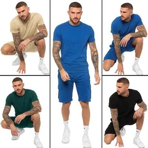 Herren Enzo Trainingsanzug Baumwolle Rundhalsausschnitt kurzärmeliges Oberteil Cargo Vlies Shorts Set - Bild 1 von 49