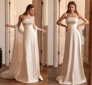 Bridal Wedding Dresses with Sequins Shawl Sweep Train Strapless A Line Custom - Picture 1 of 14