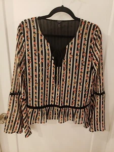 Buffalo Sz M Striped Floral Boho Sheer Blouse W/ Sheer Lining  - Picture 1 of 9