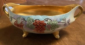 Porcelain Hand Painted Rolled Edge Footed Gilded￼ Bowl 11" Vtg with Grapes - Picture 1 of 7