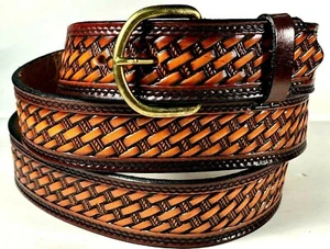 Cinturón tejido cesta, 100% cuero genuino, 1 1/2" ancho, H.tooled, 3 colores, Best Seller - Imagen 1 de 9