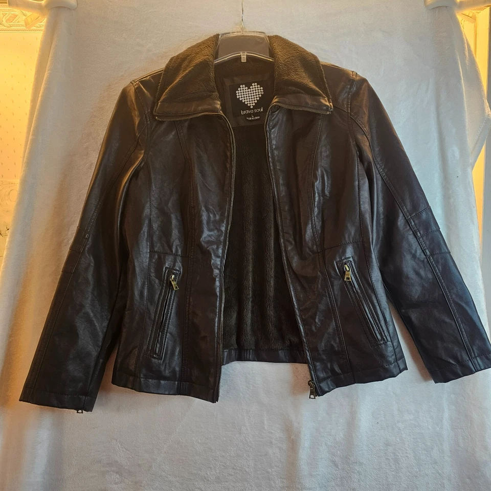 Brave Soul Faux Leather Fur Moto Jacket Dark Brown Chocolate Size L Pockets - Image 1 of 4