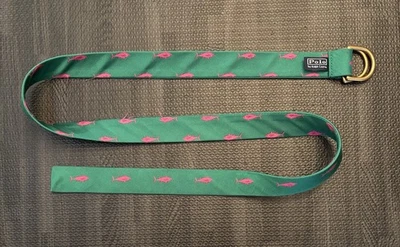 Cinto ajustável vintage polo Ralph Lauren tamanho XXL D-Ring verde rosa peixe 47” - Imagem 1 de 4
