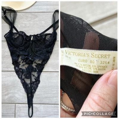 Body de peluche de encaje Victorias Secret de los años 70 de una pieza 36C negro RARO Foto 1 de 4