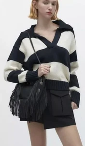 ZARA BLACK LEATHER BAG FRINGE ZIP TASSEL CLUTCH BAG NEW - Picture 1 of 10