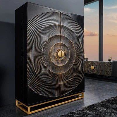 Massiver Barschrank GOLDEN SUNSET 145cm schwarz gold Mangoholz Metallgestell - Bild 1 von 4