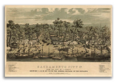 1849 Sacramento California Vintage Old Panoramic City Map - 16x24 - Image 1 of 4