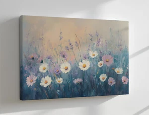 Blanco Rosa Flores Silvestres Campo Margaritas Vintage Pintura Lienzo Impresión Colgante de Pared - Imagen 1 de 9