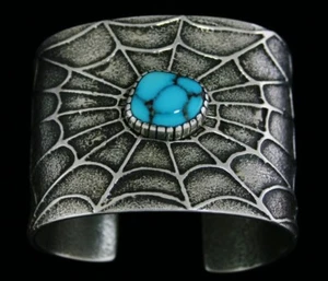 Philander Begay Candelaria Turquoise Tufa Cast Spiderweb Design Bracelet - Picture 1 of 6