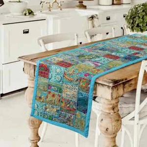 Indian Cotton Patchwork Table Runner Embroidered Dining Turquoise Table Tapestry - Picture 1 of 4