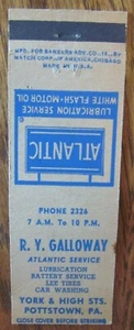 CUBIERTA DE MATCHBOOK DE GASOLINERA ATLÁNTICA: R.Y. GALLOWAY (POTTSTOWN, PENNSYLVANIA) F1 - Imagen 1 de 2