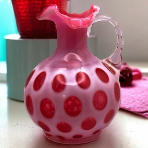 Fenton 💗 Cranberry Coin Dot Ruffled Collar Cased Glass Pitcher 7” - Picture 1 of 8