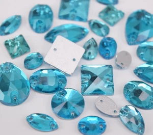 Mixed Shapes Sizes Lake blue Sew On Rhinestones Flatback Crystal Glass 2 Holes - Picture 1 of 5